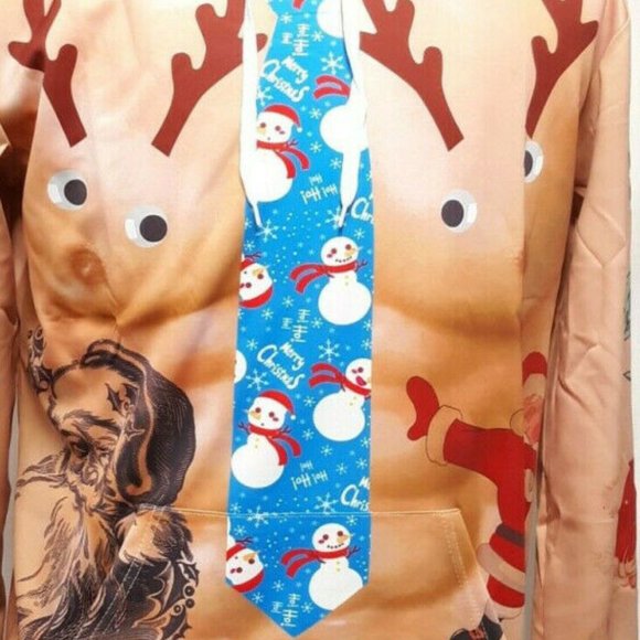 Unisex Ugly Sweater Christmas Reindeer w/ Blue Snowman Printed Necktie Hoodie - Picture 3 of 3